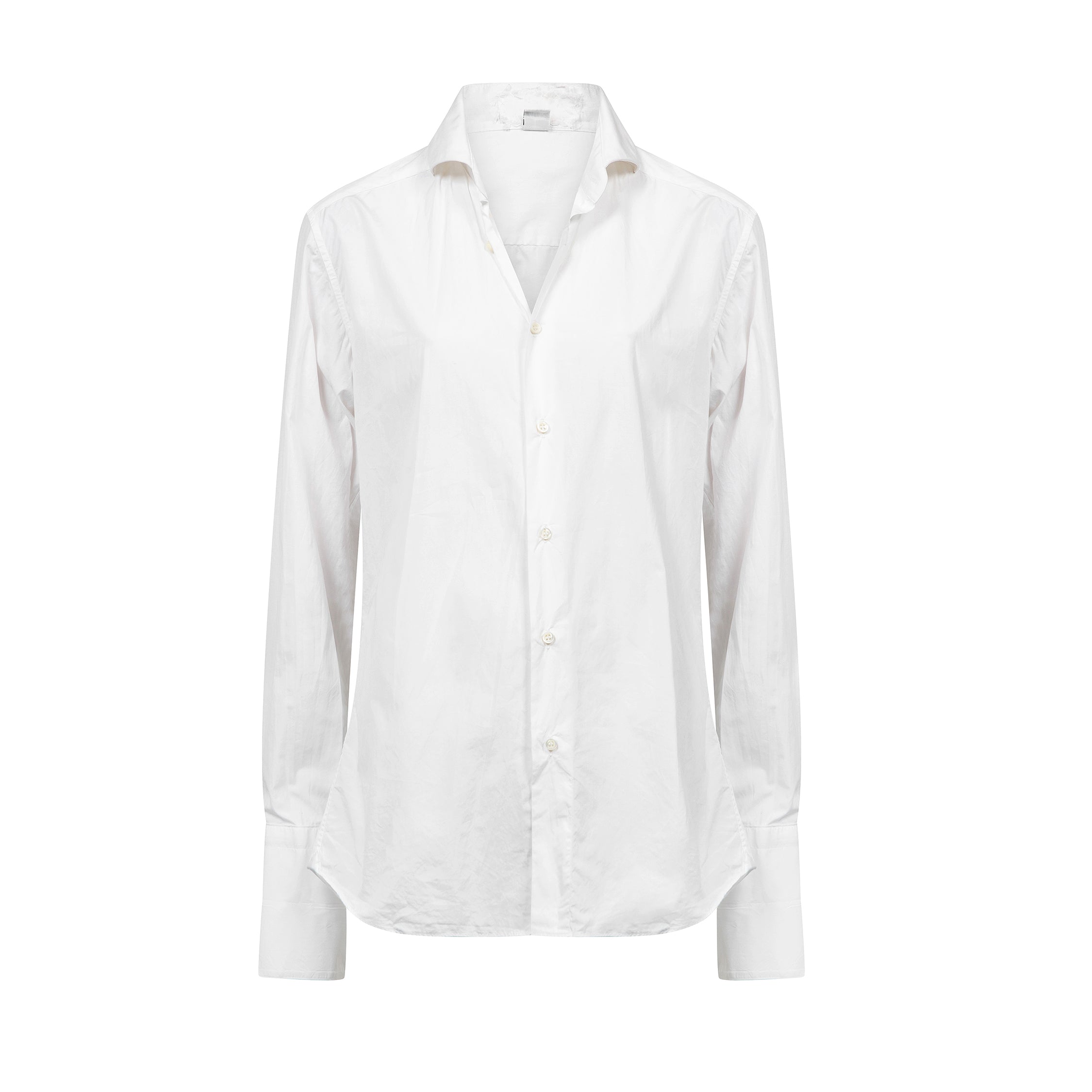 White smoking shirt with double cuffs.