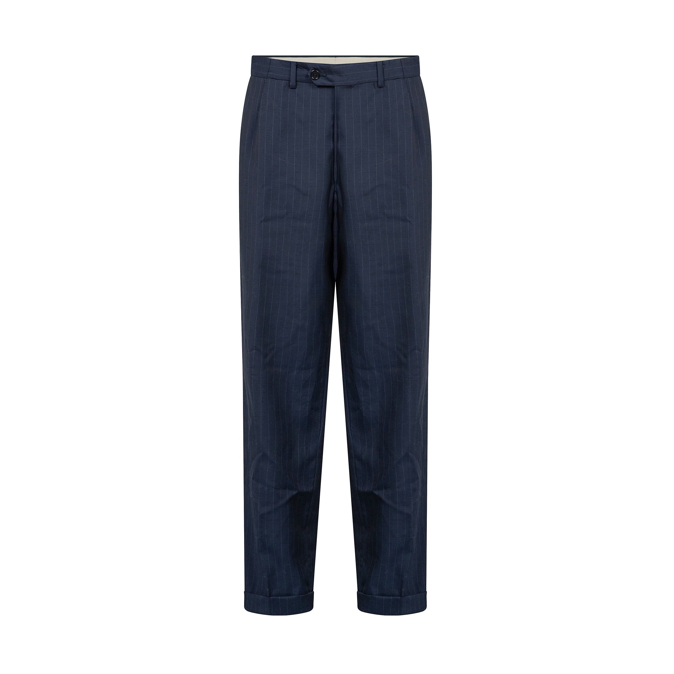 Cropped navy pinstripe trousers.