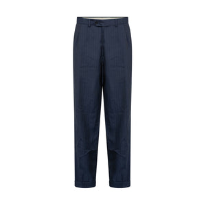 Cropped navy pinstripe trousers.