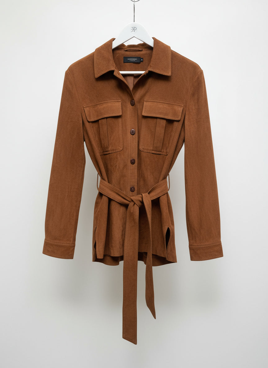 Rust brown belted shirt by Claudia Sträter.