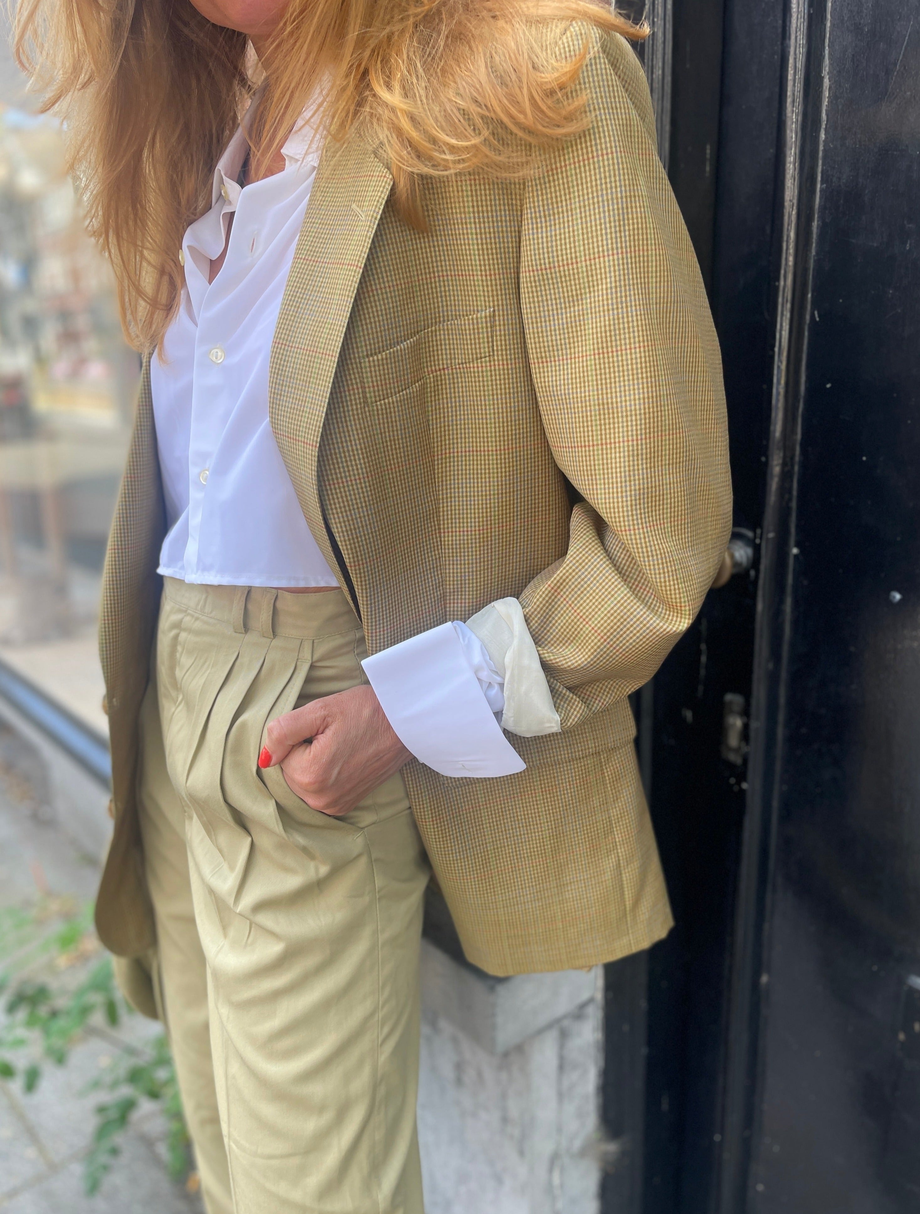 Khaki mini checked blazer by Yves Saint Laurent.