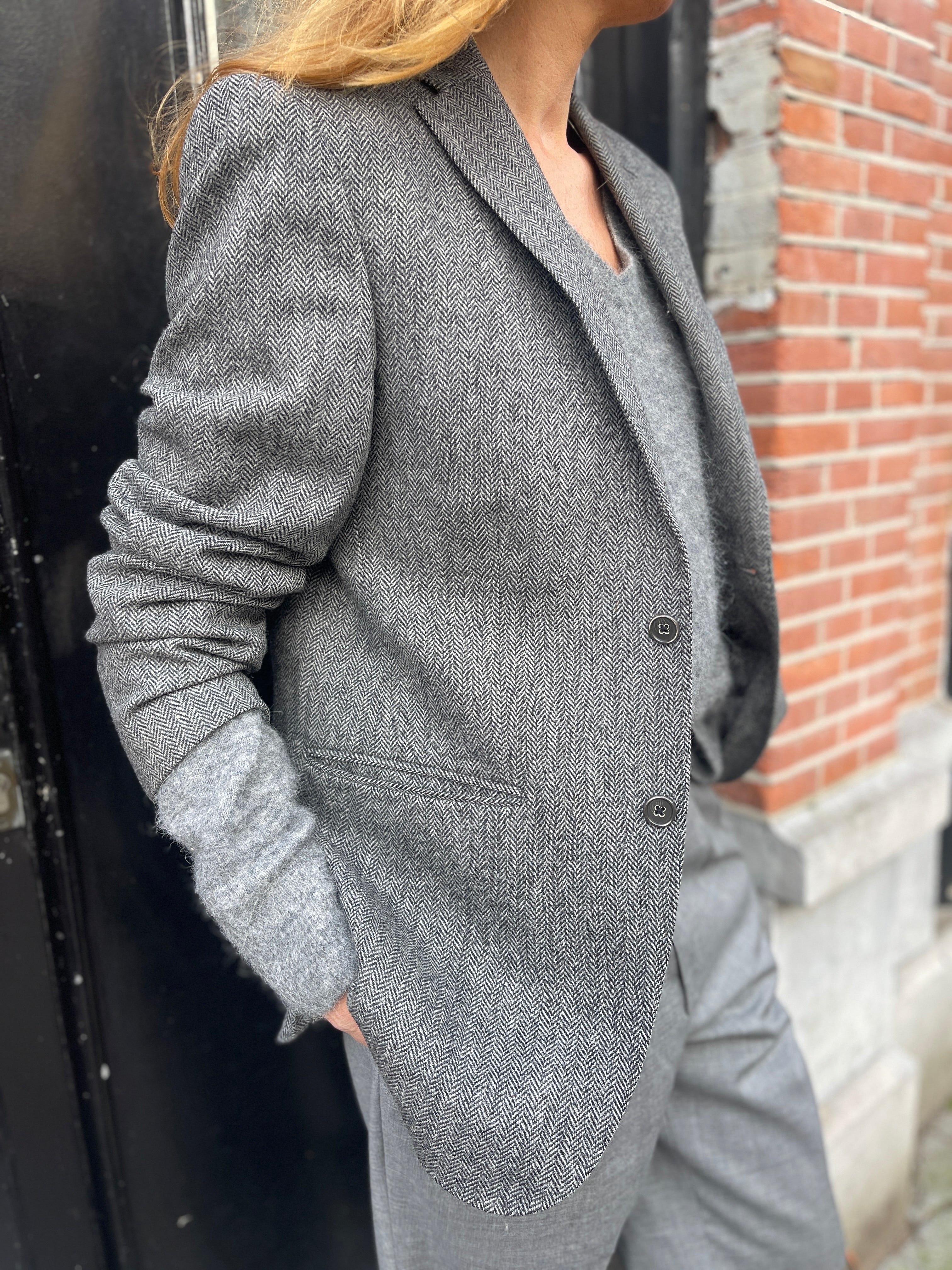 Grey herringbone blazer.