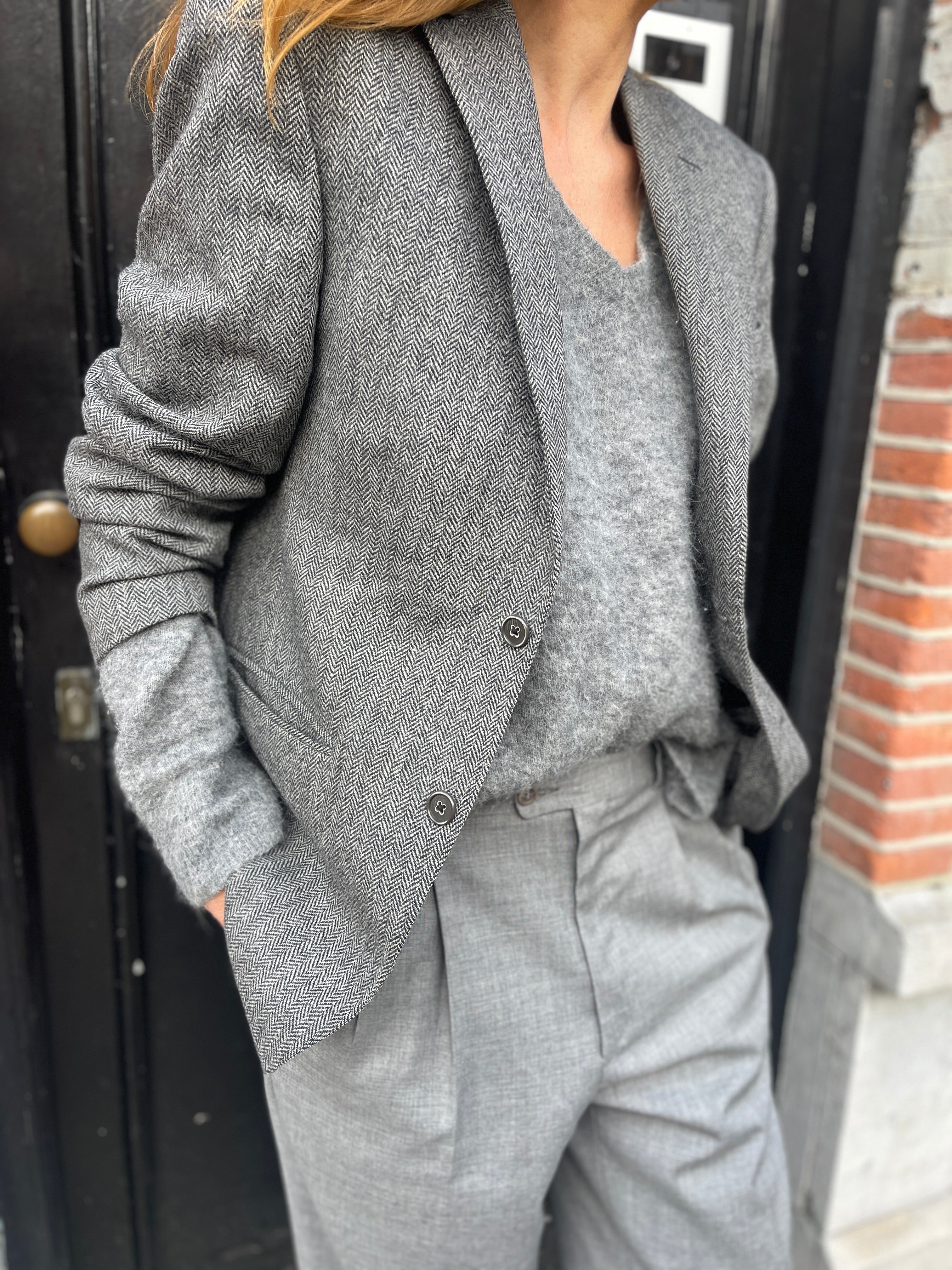 Grey herringbone blazer.