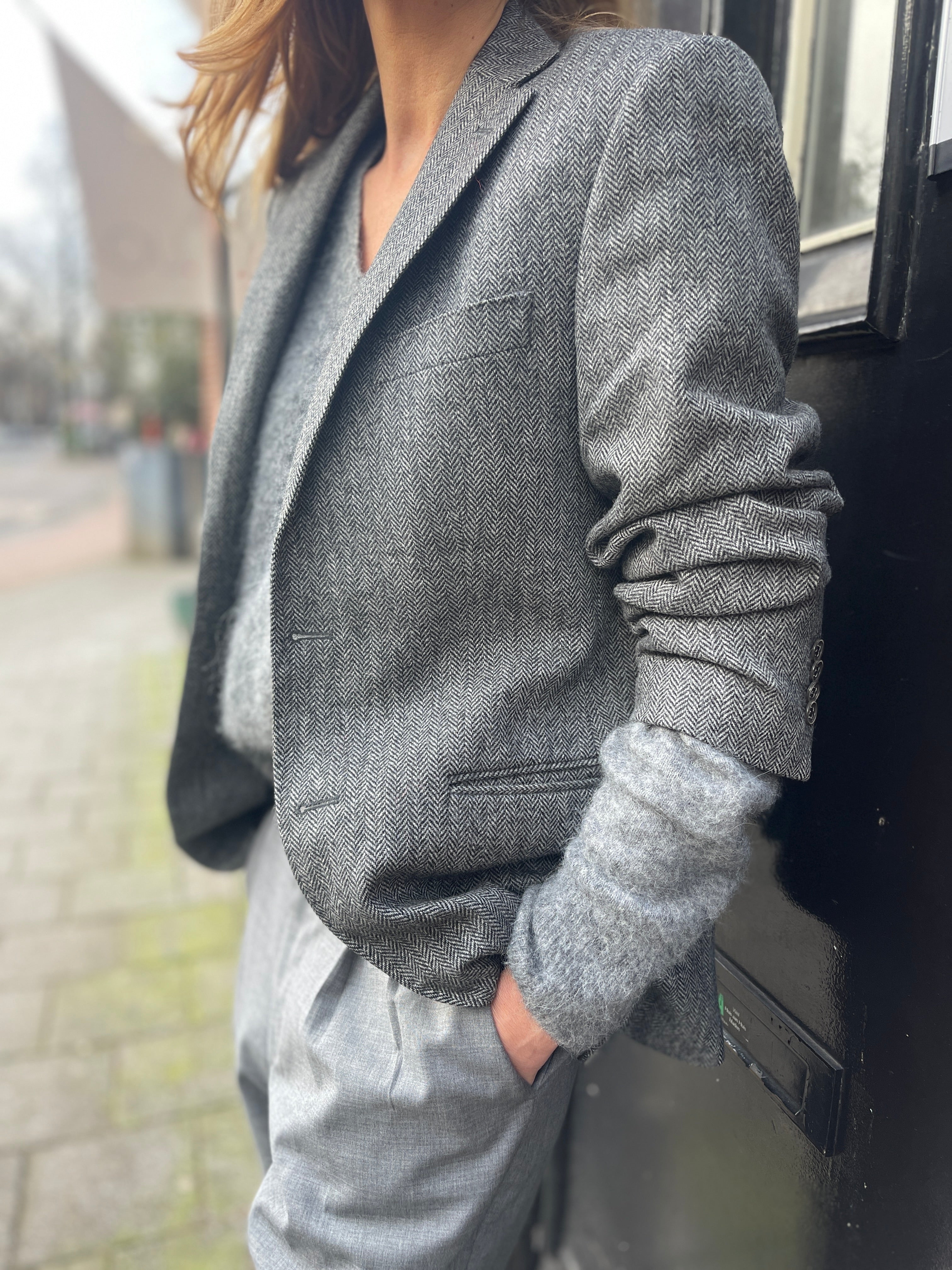 Grey herringbone blazer.