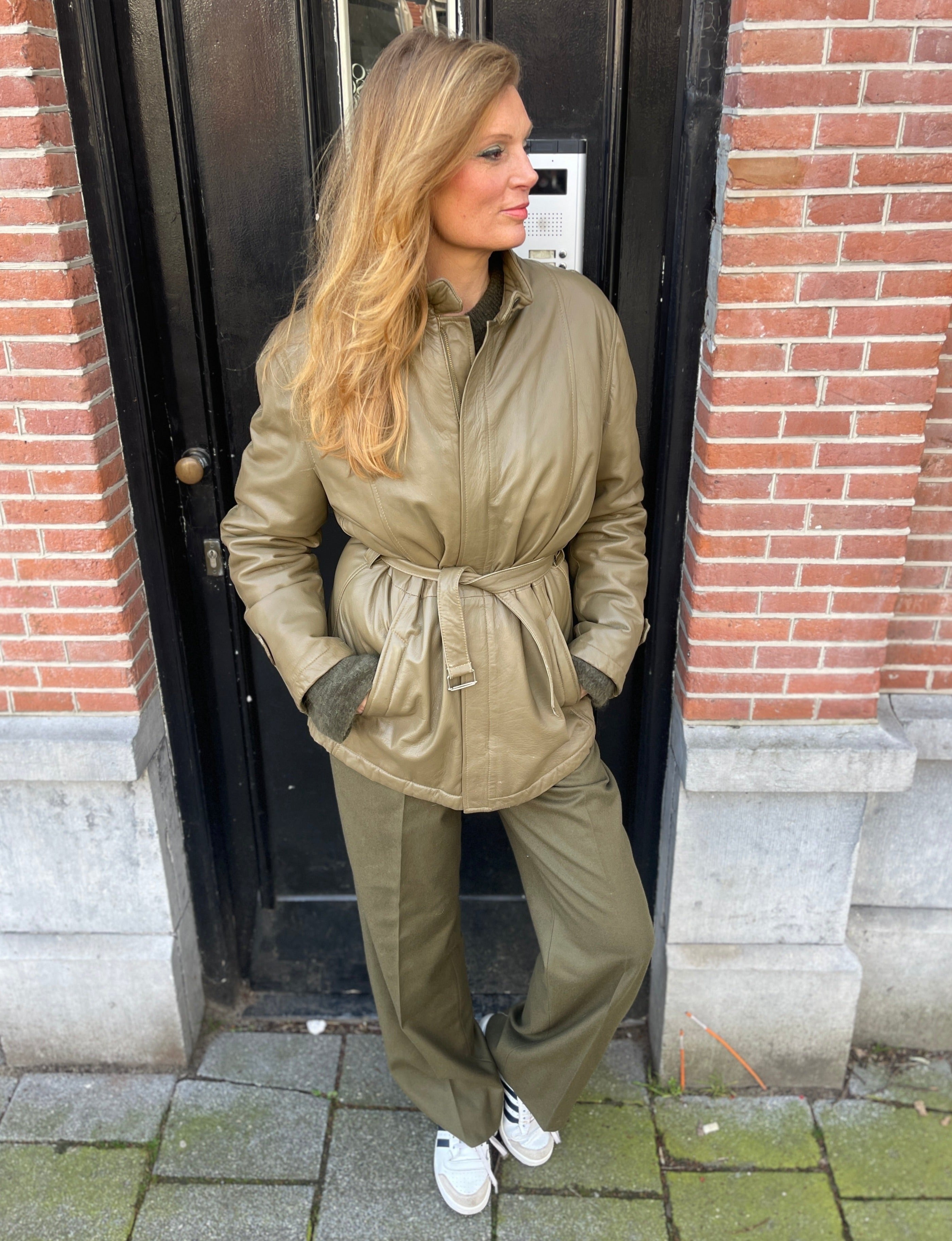 Army green soft leather jacket.