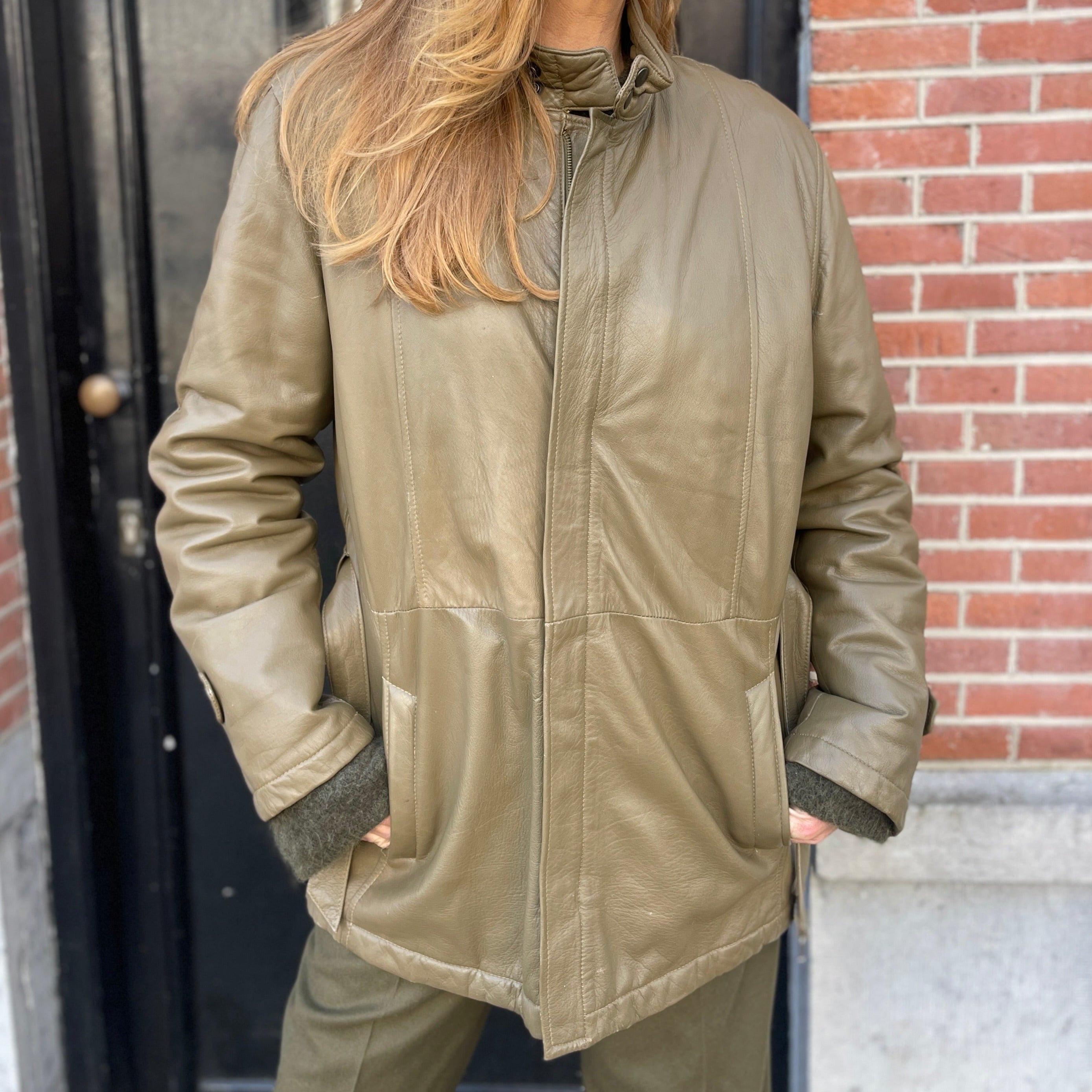 Army green soft leather jacket.