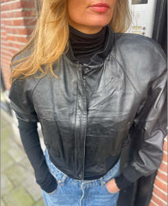 cropped black leather bomber.