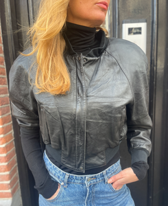 cropped black leather bomber.