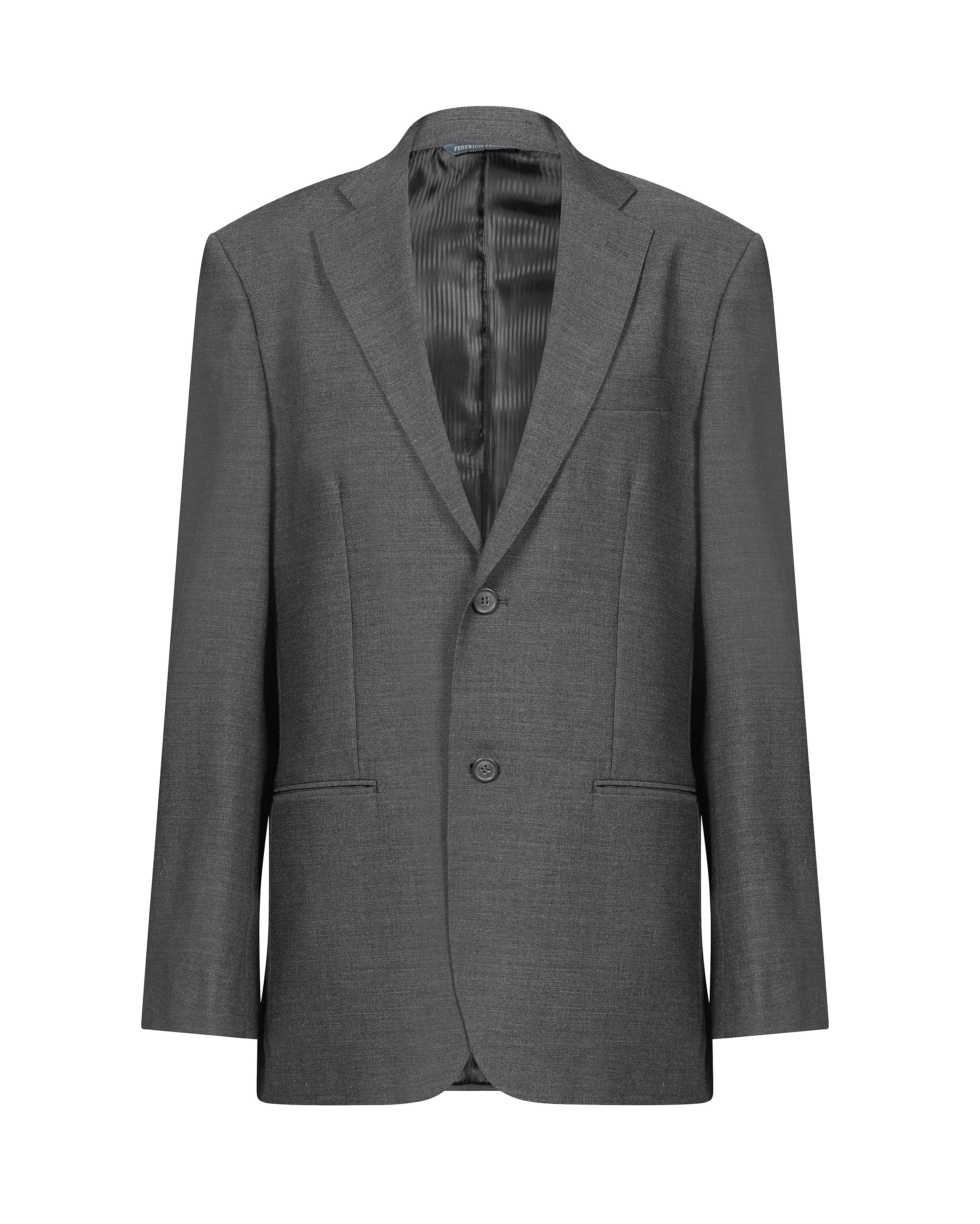 Dark grey suit.