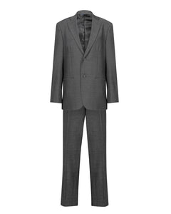 Dark grey suit.