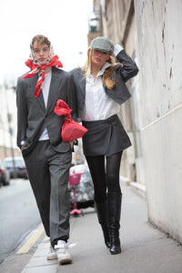 Grey YSL skirt suit.