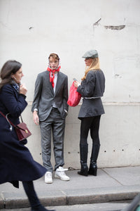Grey YSL skirt suit.