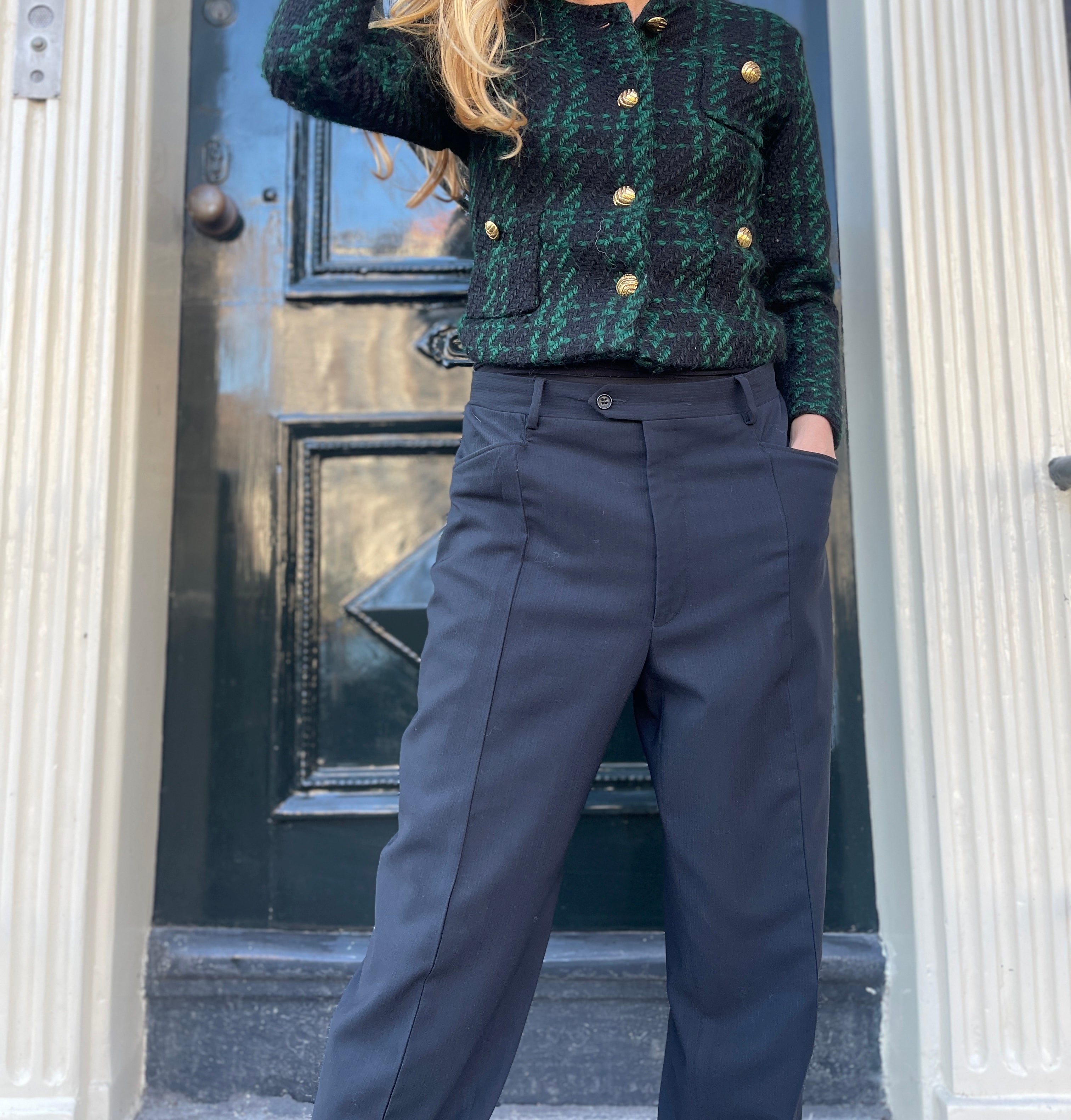 Black re-worked YSL trousers.