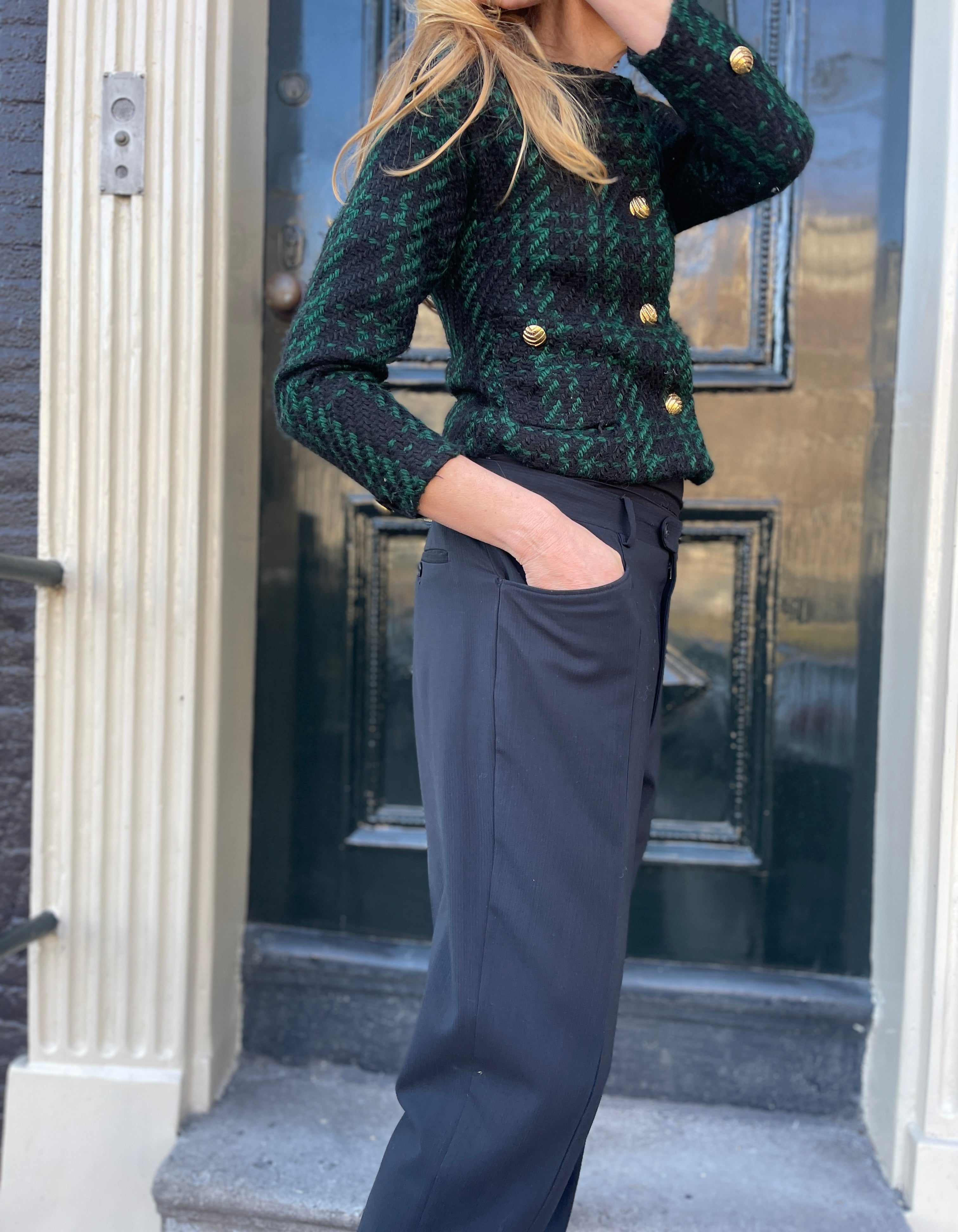 Black re-worked YSL trousers.