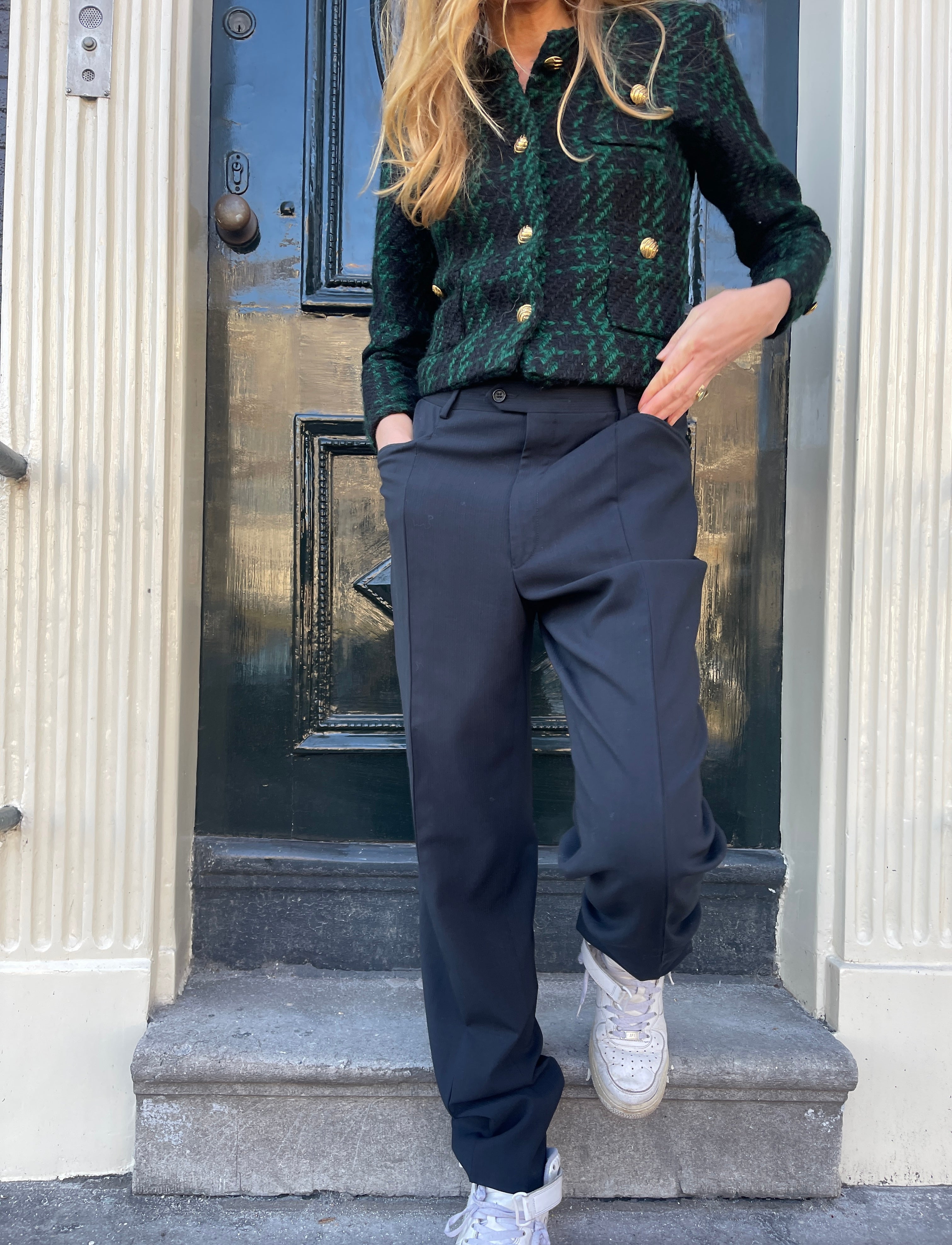Black re-worked YSL trousers.