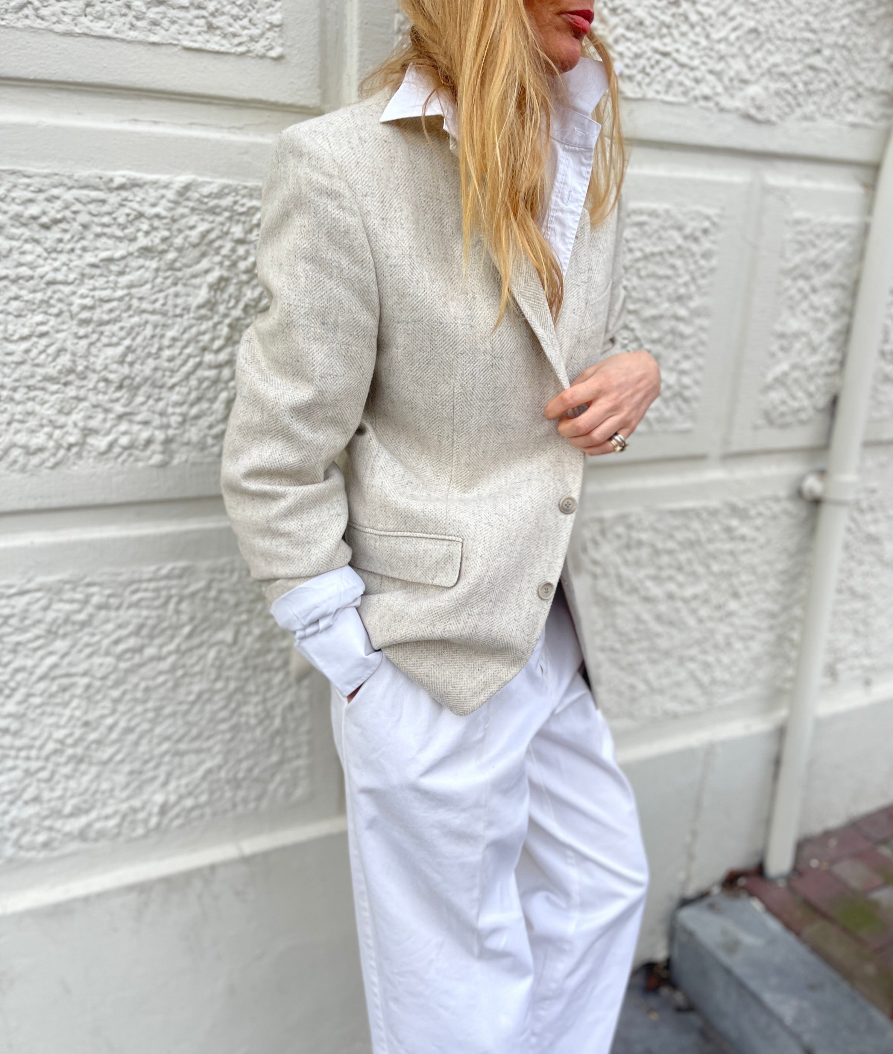 Cream tweed blazer.