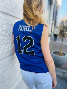 Blue baseball tanktop.