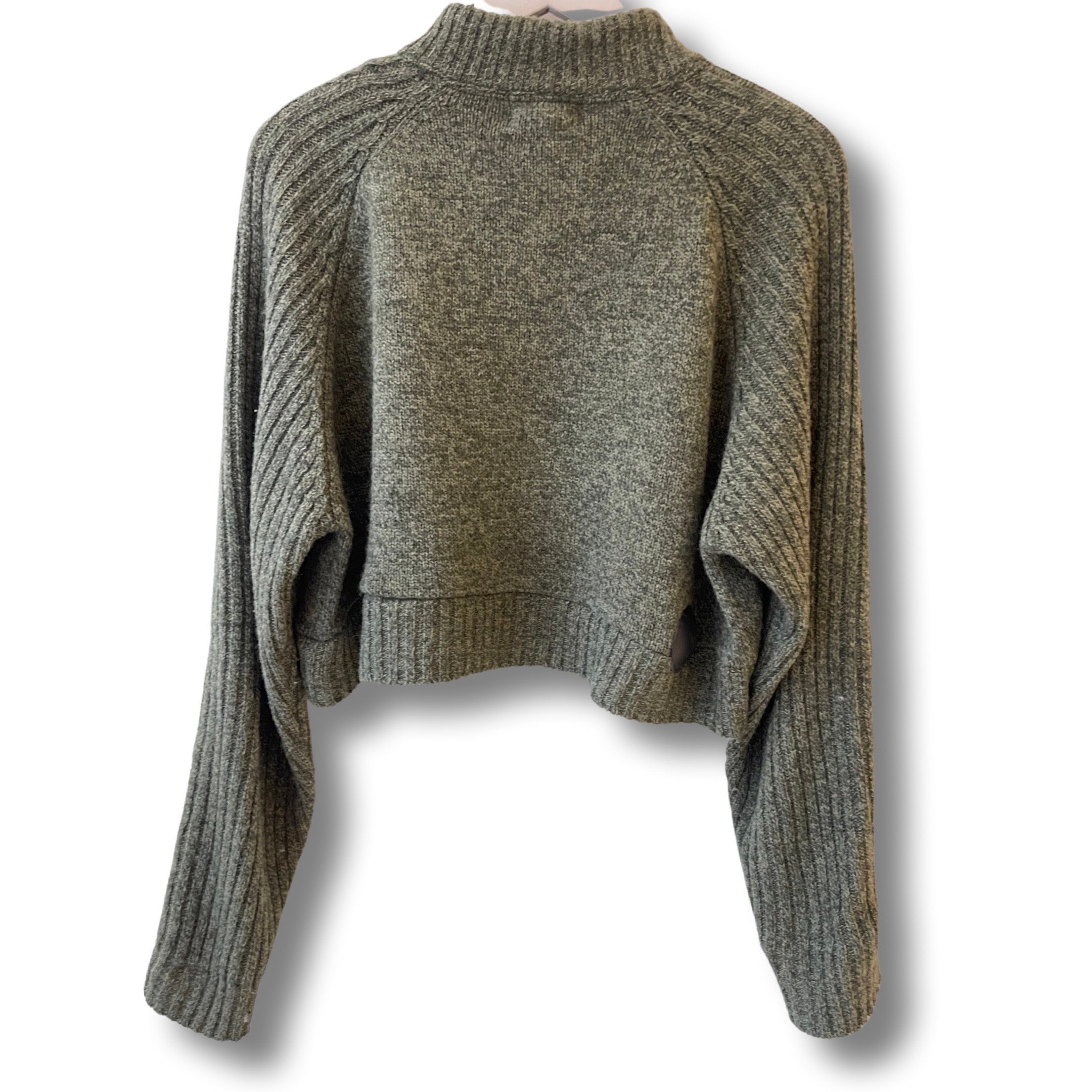 Cropped khaki zip mock sweater.