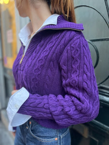 Cropped knit purple sweater with zipper by Ralph Lauren.