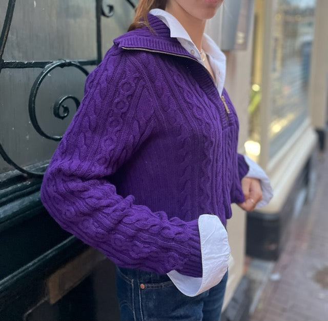 Cropped knit purple sweater with zipper by Ralph Lauren.