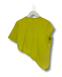 Asymmetric yellow Burberry tee.