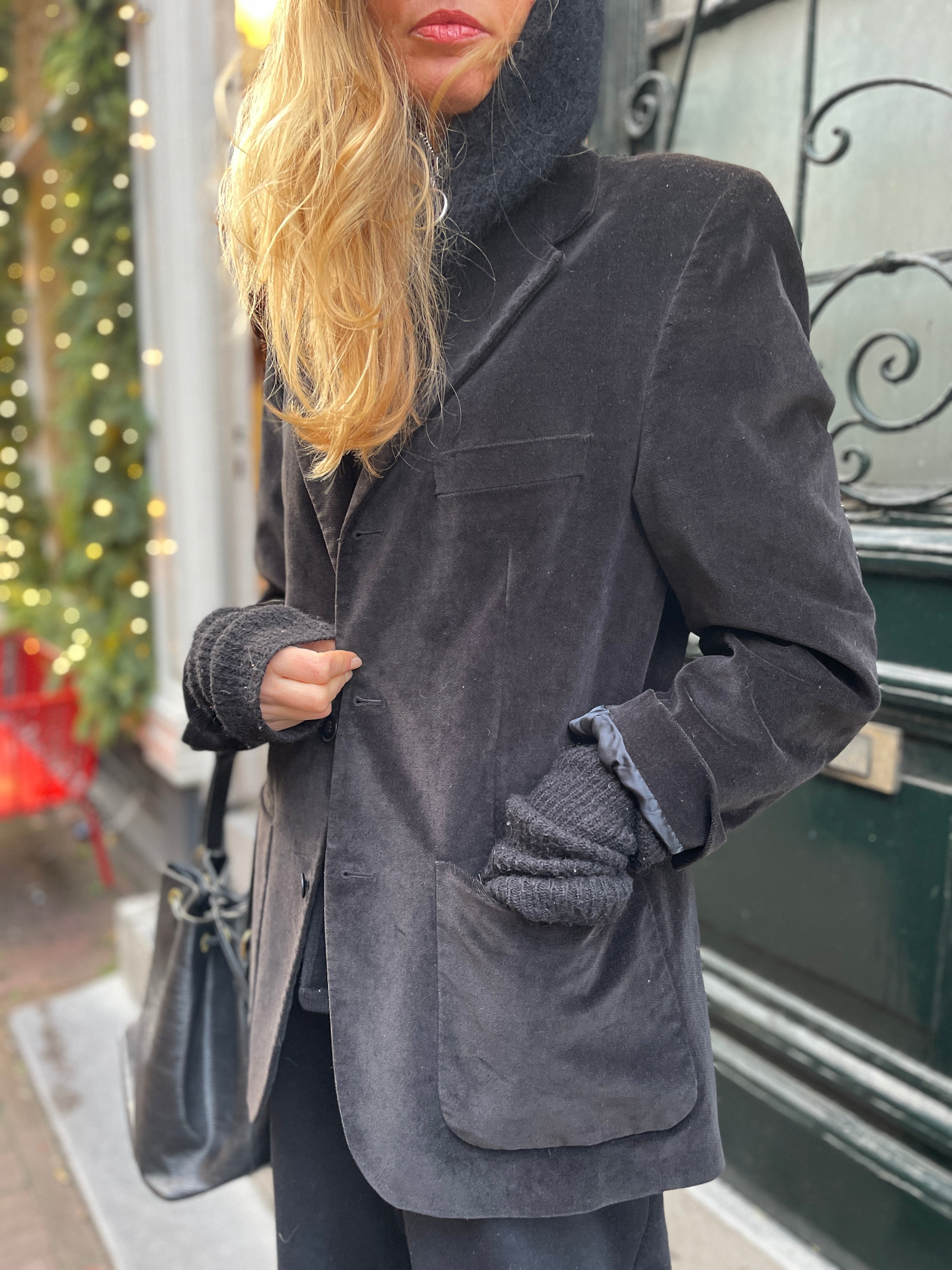 Velour black blazer by Burberry.