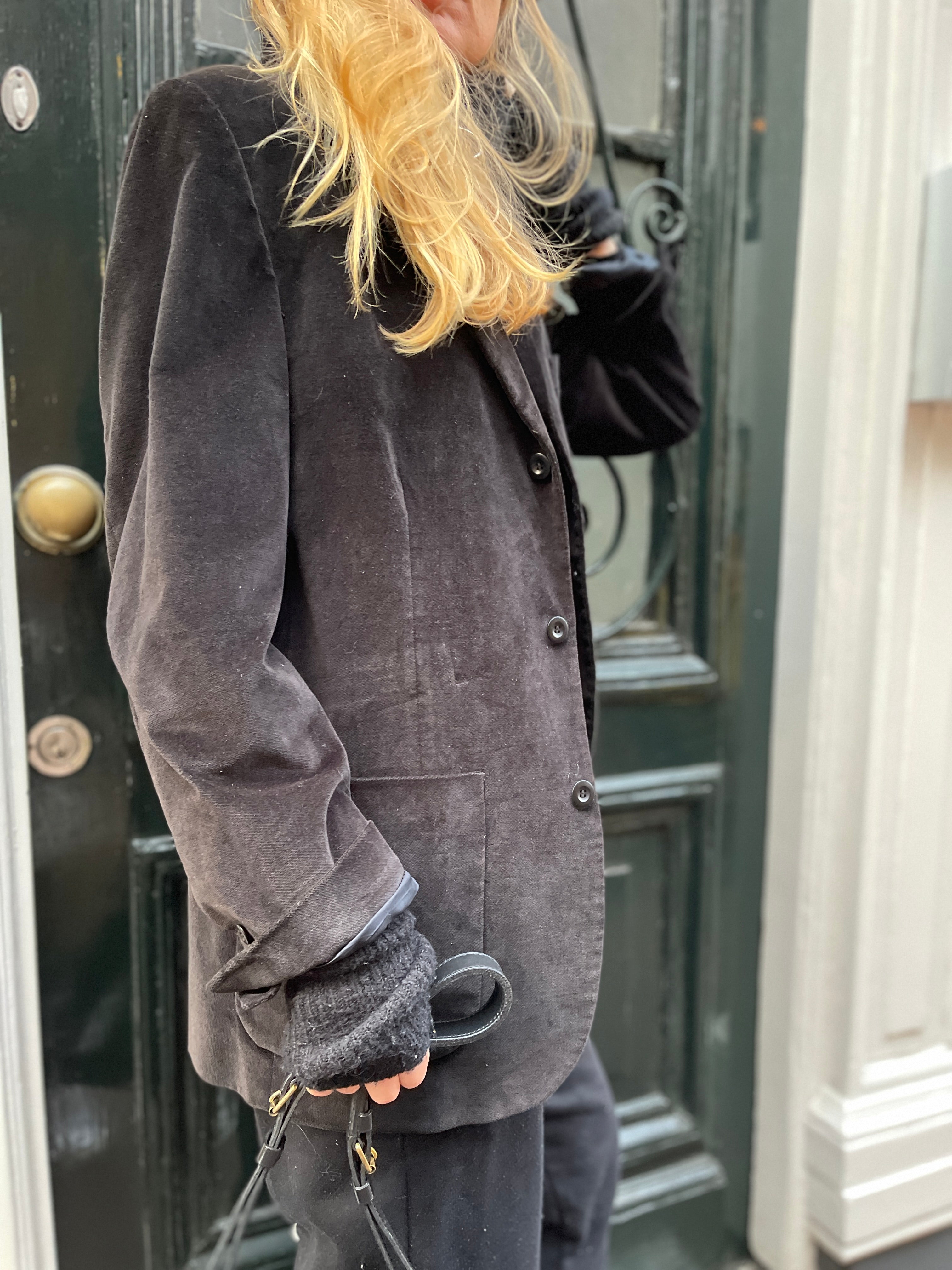 Velour black blazer by Burberry.