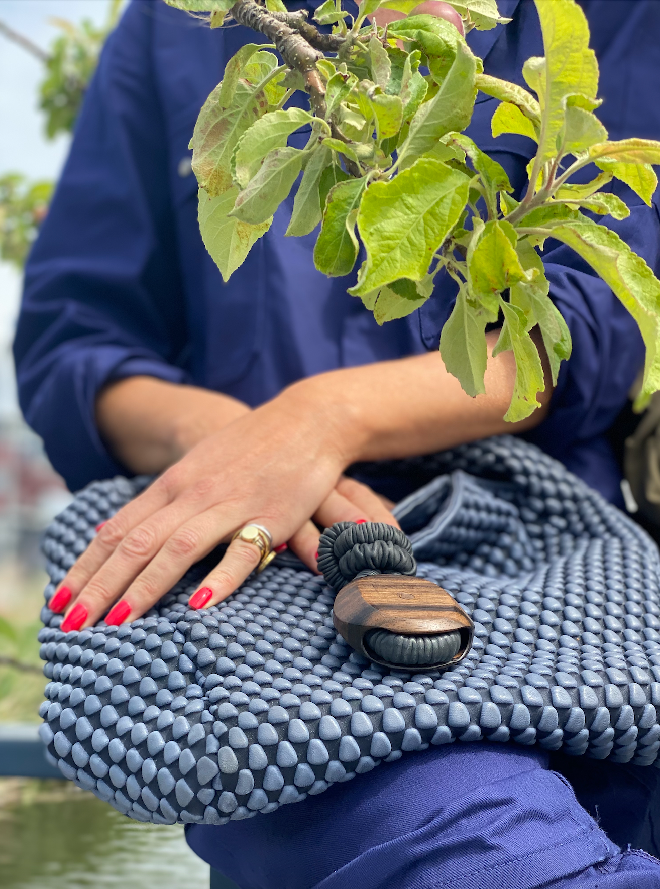 Tissa Fontaneda blue leather bag.
