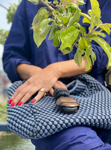Tissa Fontaneda blue leather bag.