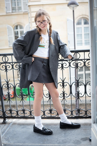 Grey YSL skirt suit.
