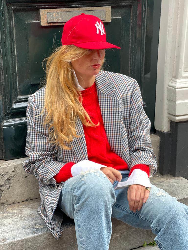 Bright red sweater by Luisa Cerano.